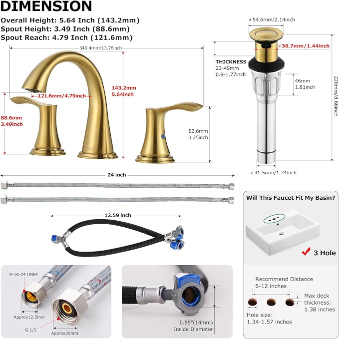 Bathroom Sink Faucet 8 Inch Widespread for Vanity, Brushed Gold | Mid Arc Brass Spout, 2 Handle Lead-Free Bathroom Faucet with Metal Pop Up Drain Supply Lines for 3 Hole Lavatory Utility Sink