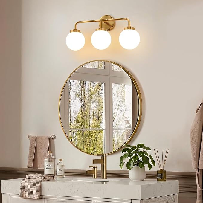 Modern Brushed Gold Vanity Lights for Bathroom, Mid Century 3 Light Bathroom Vanity Light with Globe Milky White Glass Shade Over Mirror, Brass Wall Sconce for Bathroom Hallway Living Room Bedroom