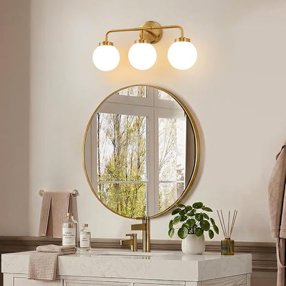 Modern Brushed Gold Vanity Lights for Bathroom, Mid Century 3 Light Bathroom Vanity Light with Globe Milky White Glass Shade Over Mirror, Brass Wall Sconce for Bathroom Hallway Living Room Bedroom