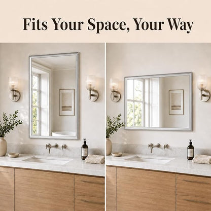 24x36 Inch Brushed Nickel Bathroom Mirror for Over Sink | Curved Aluminum Frame Rectangle Vanity Mirror for Bedroom Living Room Entryway, HD Tempered Glass, Anti-Rust