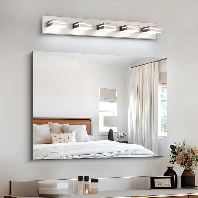 LED Modern Bathroom Vanity Light Fixtures 5-Light, 32 inch Dimmable Nickel Vanity Lights for Bathroom Lighting Fixtures Over Mirror, with 350°Rotatable Acrylic Heads(White Light 5500K)