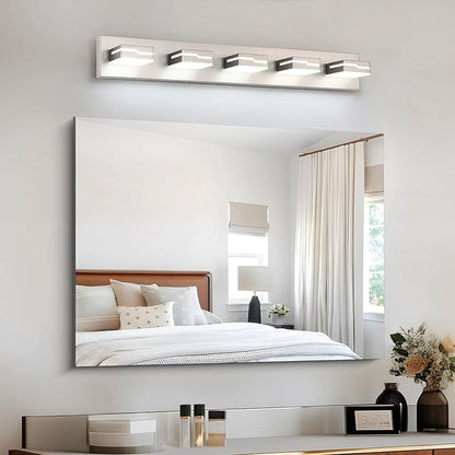 LED Modern Bathroom Vanity Light Fixtures 5-Light, 32 inch Dimmable Nickel Vanity Lights for Bathroom Lighting Fixtures Over Mirror, with 350°Rotatable Acrylic Heads(White Light 5500K)
