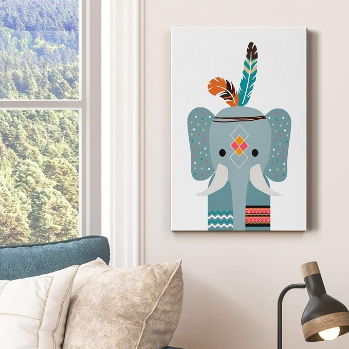 Renditions Gallery Animal Canvas Wall Art Home Paintings & Prints Blue Baby Elephant Animated Modern Wall Hanging Decorations Artwork for Bedroom Living Room Office Kitchen - 12"x18" LT02