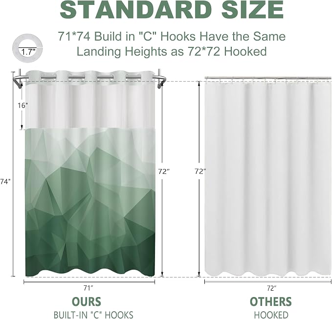 No Hook Shower Curtain with Snap in Liner Set, Green, 71x74 | Waterproof Fabric for Bathroom, Modern Hotel Style Ombre Design, Mesh Top Window, Machine Washable, Quick Install