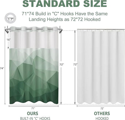 No Hook Shower Curtain with Snap in Liner Set, Green, 71x74 | Waterproof Fabric for Bathroom, Modern Hotel Style Ombre Design, Mesh Top Window, Machine Washable, Quick Install