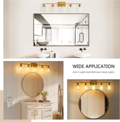 Jonsi Gold 5-Light Bathroom Vanity Light with Glass Shade, Modern Gold Bathroom Lights Over Mirror, W 40.2 x H 10.7 inches