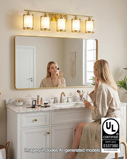 5-Light Brushed Gold Bathroom Light Fixtures Over Mirror with Frosted Milk Glass and Metal Cage Shade, 38" UL-Listed Modern Farmhouse Wall Sconce for Bath, Hardwire E26, OS-3014BGW-5W