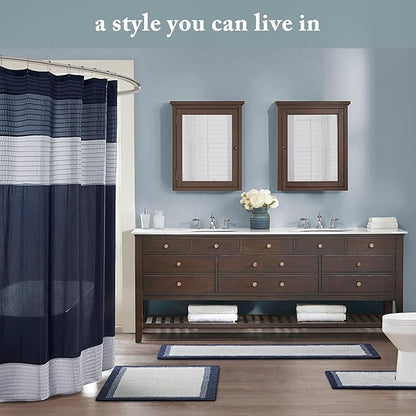 Madison Park Amherst Bathroom Shower Curtain Faux Silk Pieced Striped Modern Microfiber Bath Curtains, 72x72 Inches, Aqua
