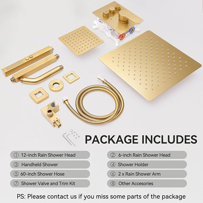 Brushed Gold Shower System, STARBATH Ceiling Mounted 12+6 Inch Rainfall Shower Head with 2 in 1 High Pressure Handhled, Can Use All at Once, Push Button Diverter Thermostatic Valve with Trim Kit