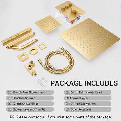 Brushed Gold Shower System, STARBATH Ceiling Mounted 12+6 Inch Rainfall Shower Head with 2 in 1 High Pressure Handhled, Can Use All at Once, Push Button Diverter Thermostatic Valve with Trim Kit