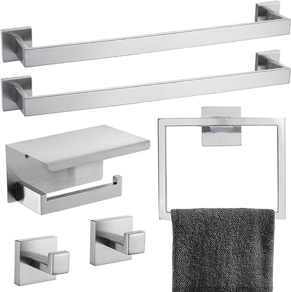 Brushed Nickel Bathroom Towel Bar Set Bathroom Accessories Hardware Set Including Double Towel Bar Towel Ring Coat Hook and Toilet Paper Holder with Shelf. Wall Mounted Stainless Steel