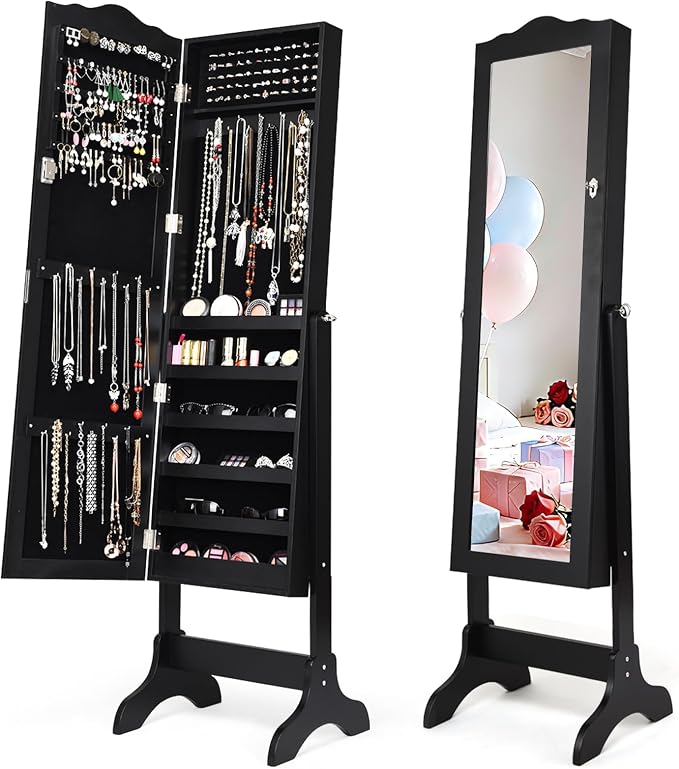 NAFORT Jewelry Armoire, Mirror with Jewelry Storage, Jewelry Organizer, Standing Lockable Jewelry Cabinet with Full Length Mirror, Jewelry Organizer with 2 Drawers, Black