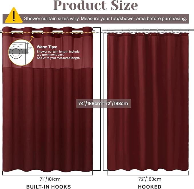 SORTTO No Hook Slub Shower Curtain with Liner, 71x74, Burgundy | Snap in Liner, 3 in 1, Bamboo Texture, Hotel Style, Waterproof Fabric, Mesh Top Window, Corner Magnets, Machine Washable