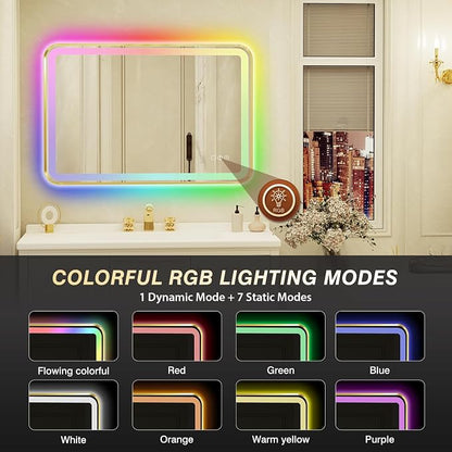 24x36 Inch Gold Framed LED Bathroom Mirror with Lights,Smart Bathroom Mirror,RGB,Anti-Fog,Stepless Dimmable & 3 Colors,Memory,Vanity Mirror for Wall
