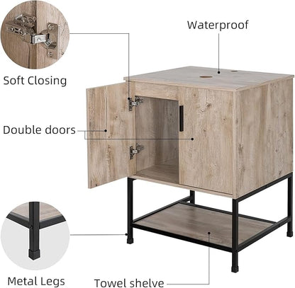 UEV 48" Rustic Oak Bathroom Vanity with Sink Combo,Industrial Iron Frame Bathroom Cabinet Sets with Double 3 Drawers Side Cabinet,Modern Brown Boat Tempered Glass Vessel Sink(029BR)