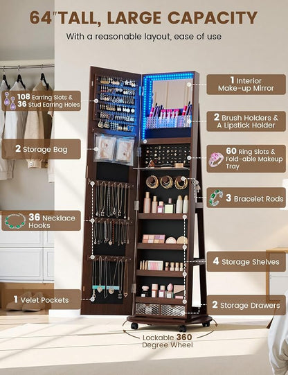 Full Length Jewelry Armoire with LED Mirror 360 Rotating Brown | Full Length LED Mirror, 3-color Light, 360 Rotating Base, Jewelry Storage, Makeup Tray, Shelves, Drawers