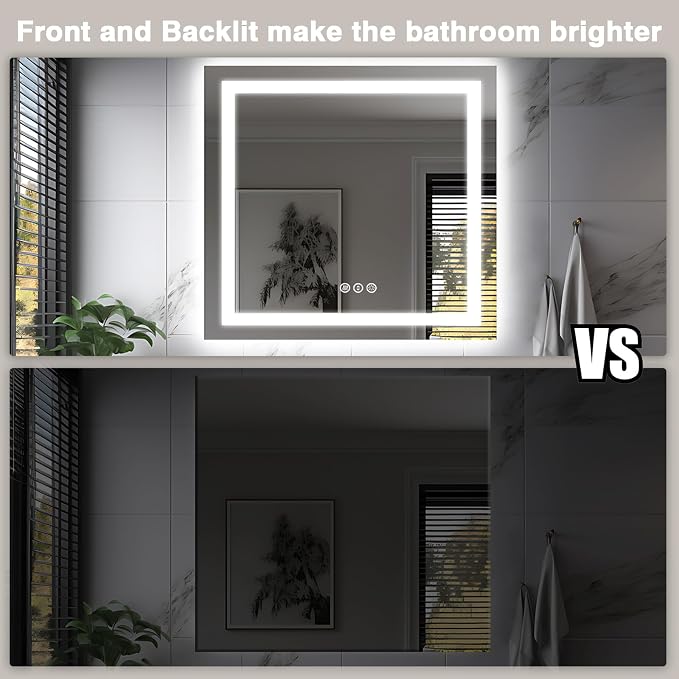 EchosLife 36"x36" Square LED Bathroom Mirror | Backlit + Front Lit, Anti-Fog, Stepless Dimmable, 3 Colors, Memory, Tempered Glass, UL Listed, Horizontal/Vertical
