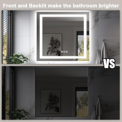 EchosLife 36"x36" Square LED Bathroom Mirror | Backlit + Front Lit, Anti-Fog, Stepless Dimmable, 3 Colors, Memory, Tempered Glass, UL Listed, Horizontal/Vertical