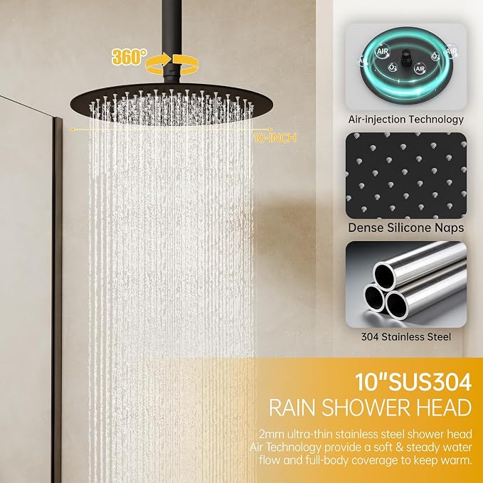 BESy Shower Faucet Fixtures Set for Bathroom, 10 & 6 In Round Dual Rain Shower Head, Ceiling & Wall Mounted Rainfall Shower System, Push Button Diverter Shower Valve with 2 in 1 Handheld, Matte Black