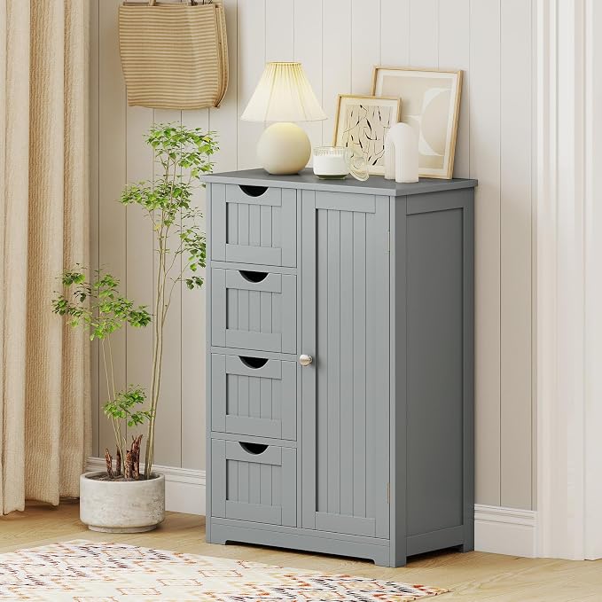 Giantex Bathroom Cabinet, Freestanding Storage Cabinet with 1 Door & 4 Drawers, 3-Level Adjustable Shelf, Anti-toppling System, Modern Storage Organizer for Bathroom, Living Room, Kitchen (Gray)