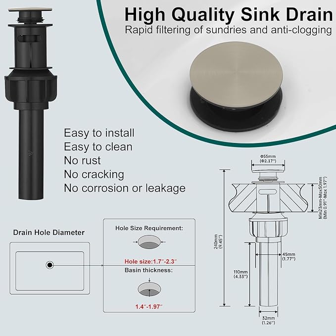 Hoimpro Bathroom Faucet 1 Hole, Single Handle Sink Faucets Brushed Nickel | Widespread Vanity Faucet with 6 Inch Deck Plate Pop-up Drain & cUPC Supply Line Stainless Steel, for Vanity RV Restroom