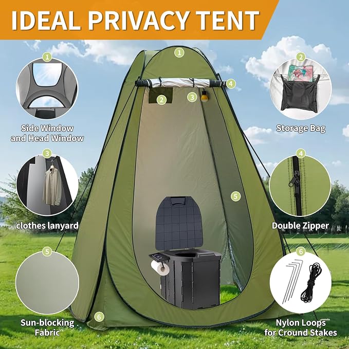 Portable Toilet Kit, Larger Size Portable Camping Toilet with Pop-Up Privacy Enlarged Tent and Poo Gel Toilet Bags, Width of 4.93 Feet Tent Washable Outdoor Showers Changing Rooms