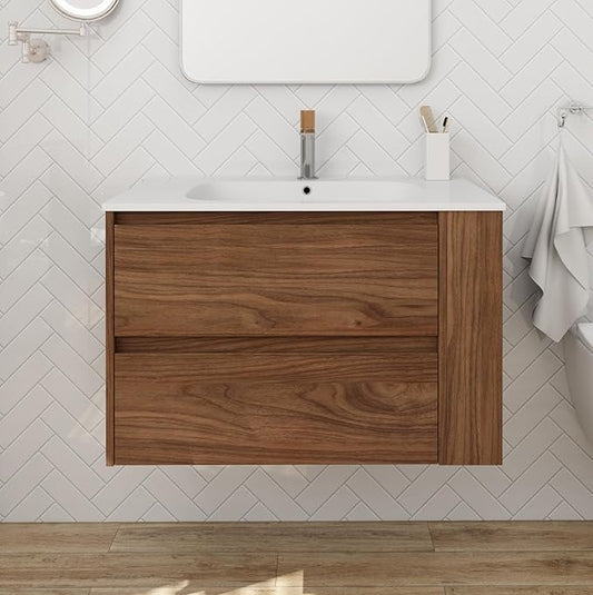 Henf 30inch Wall Mounted Bathroom Vanity with White Gel Sink, Modern Floating Bathroom Vanity Cabinet with 2 Soft Close Drawers & Open Storage Shelf, Bathroom Sink Vanity with Sink Combo Set,Brown