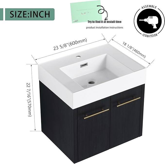 24 Inch Floating Bathroom Vanity,24" Bathroom Vanity with Sink,Modern Single Sink Bathroom Vanity Combo,Black Wall Mounted Cabinet Set