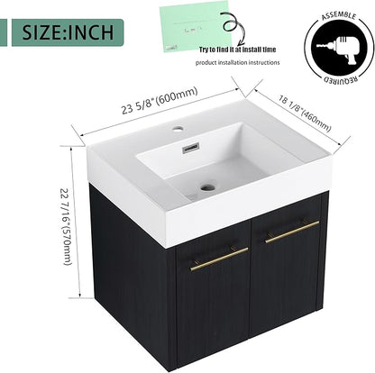 24 Inch Floating Bathroom Vanity,24" Bathroom Vanity with Sink,Modern Single Sink Bathroom Vanity Combo,Black Wall Mounted Cabinet Set