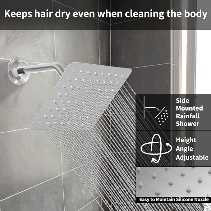Chrome Shower System Set with 2 Rain Shower Head(12+8 inch), Handheld Shower, with Digital Temperature Display Function
