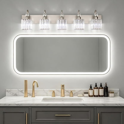 Ralbay Brushed Nickel Bathroom Vanity Light Crystal Modern 5 Light Bathroom Wall Lighting Fixtures Over Mirror