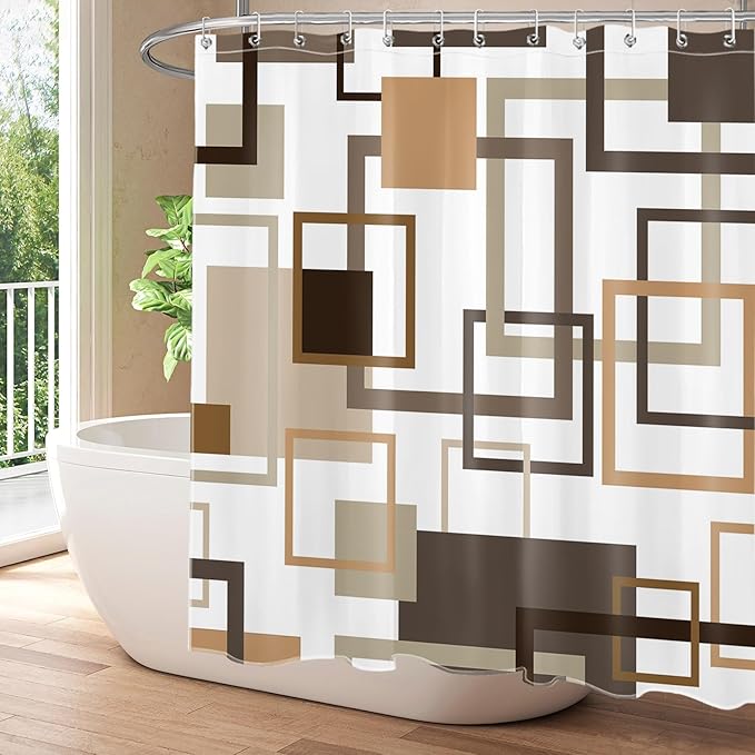 Brown Geometric Shower Curtain with Hooks, Tan Abstract Striped Shower Curtain for Bathroom Modern Minimalist Polyester Fabric Bathroom Curtains Shower Set, 72W x 72L inches