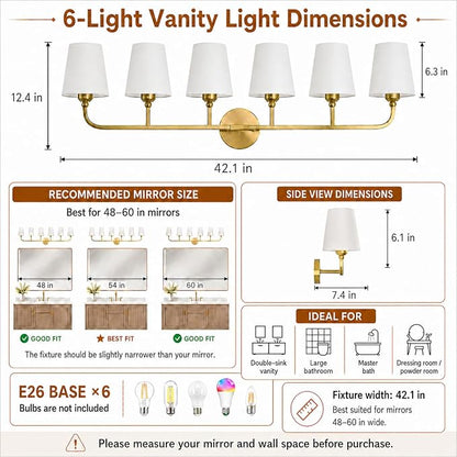 Bathroom Vanity Light, Brushed Gold Bathroom Lighting Fixtures Over Mirror | 6-Light Bathroom Light Fixtures with Flared White Fabric Shade, E26 Socket (ETL Listed)