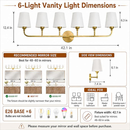 Bathroom Vanity Light, Brushed Gold Bathroom Lighting Fixtures Over Mirror | 6-Light Bathroom Light Fixtures with Flared White Fabric Shade, E26 Socket (ETL Listed)