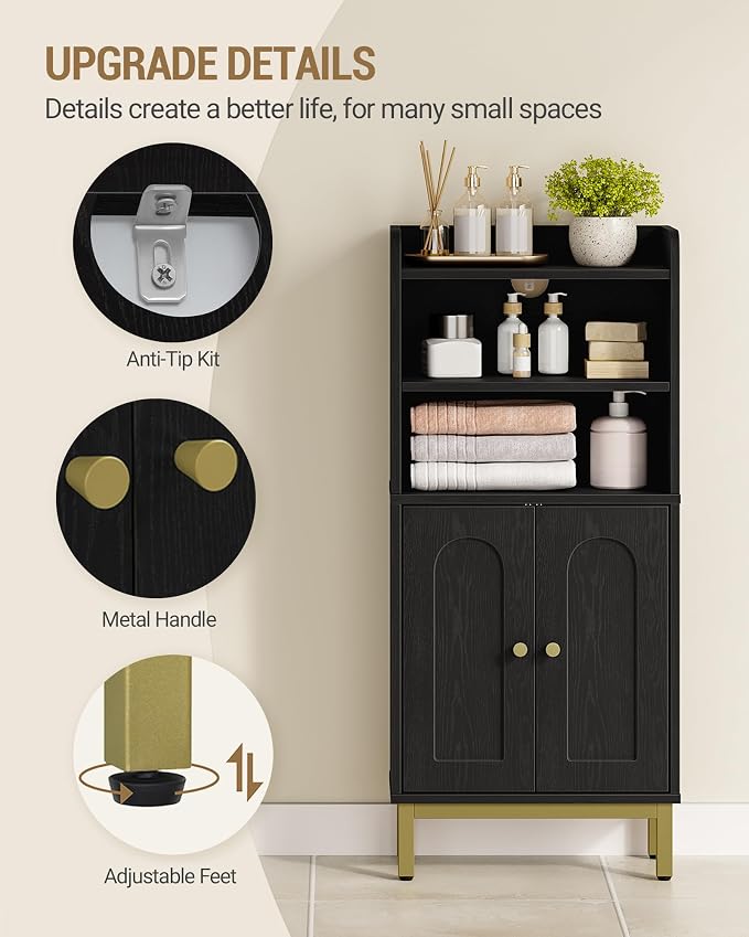 Hzuaneri Bathroom Storage Cabinet, Small Floor Cabinet with 2 Door | Toilet Paper Cabinets, Bathroom Organizer with Adjustable Shelf, for Small Spaces, Black, Arch Door,7.1" Dx14.6 Wx32.7 H