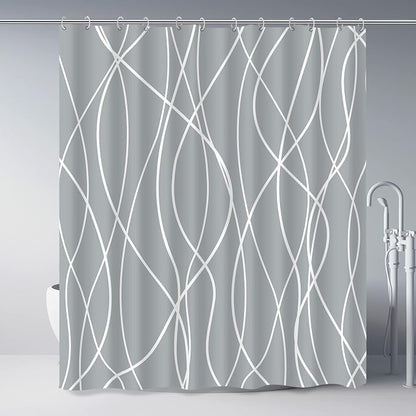 Striped Shower Curtain for Bathroom, Light Grey White, 72"W x 72"L | with Hooks, Modern Hotel Style, Water Repellent, Washable, Weighted Hem