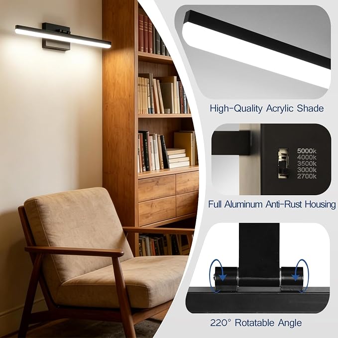 31.5 Inch LED Bathroom Vanity Light, 18W Dimmable 5CCT Black Wall Light Fixture Over Mirror, 220° Rotatable Modern Lighting for Mirror Cabinet and Bedroom, ETL Listed