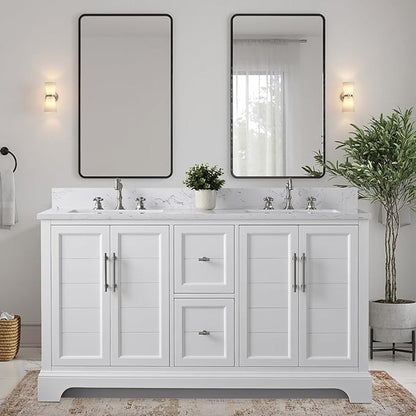 HOMEBEYOND 60 Inch Bathroom Vanity with Double Sink & Ceramic Top, Vanity Cabinet with Center Countertop Basin, Soft-Closing Doors, Backsplash,White