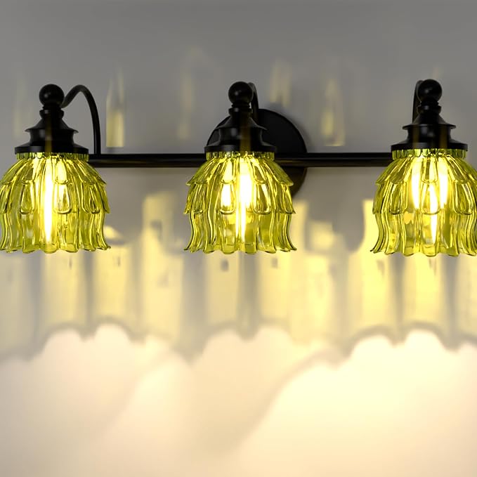 3-Light Bathroom Vanity Light Fixture Wall Mounted Mirror Front Lamp | with Water-Lily Shaped Green Crystal Glass Shade, Modern Black Antique Finish Lamp for Mirror Kitchen Living Room Hallway