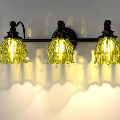 3-Light Bathroom Vanity Light Fixture Wall Mounted Mirror Front Lamp | with Water-Lily Shaped Green Crystal Glass Shade, Modern Black Antique Finish Lamp for Mirror Kitchen Living Room Hallway
