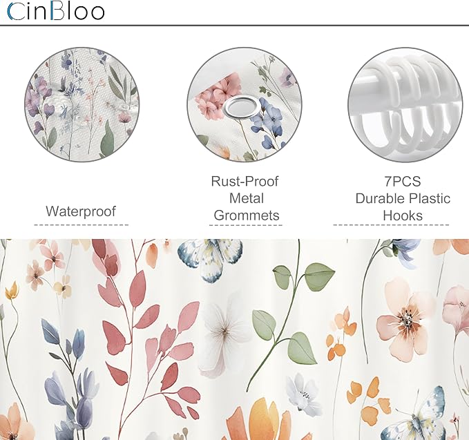Small Stall Boho Pink Floral Colorful Natural Bathroom Shower Curtain Set | 36"W x 72"H Watercolor Butterfly; waterproof HD print, quick-dry fabric and plastic hooks for easy setup.