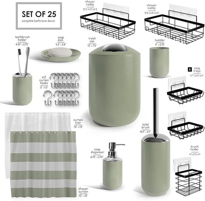 Clara Clark Bathroom Accessories Set - Bathroom Set with Adhesive Corner Shower Caddy Hanging, 25PC Bathroom Accessory Set, Sage Green Shower Curtain Set, Toilet Brush, Trash Can & Soap Dispenser