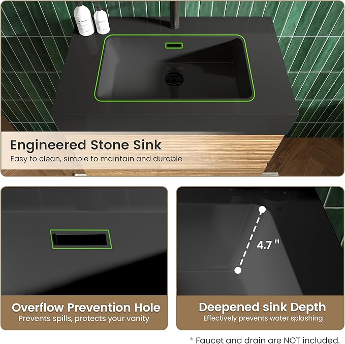 30 Inch Floating Bathroom Vanity with Black Sink, Modern Wall Mounted Floating Vanity with 2 Soft-Closing Drawers, Large Storage for Apartment, Hotel, Rough Oak