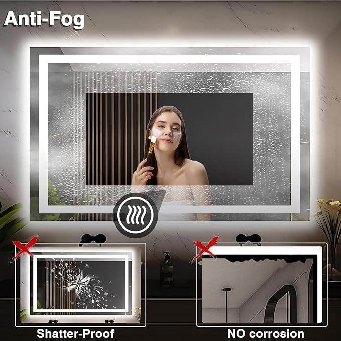 EchosLife 55"x36" LED Bathroom Mirrors for Wall | Backlit + Front Lit, Anti-Fog, Stepless Dimmable, 3 Colors, Memory, Tempered Glass, UL Listed, Horizontal/Vertical