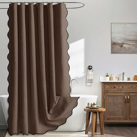 MIULEE 72"x90" Extra Long Scalloped Linen Shower Curtain Brown | Linen Textured, Waterproof, Washable, 12 Metal Hooks, Heavy Duty Cloth, Black Border, Shower Curtain for Bathroom Bathtub