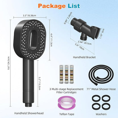 Hibbent Filtered Handheld Showerhead with 3 Filters, 5 Sprays Shower Head | Black High Pressure Shower Heads, Brass Holder & 71" Metal Hose, Water Soft Filter Remove Chlorine, Reduce Dry Itchy Skin