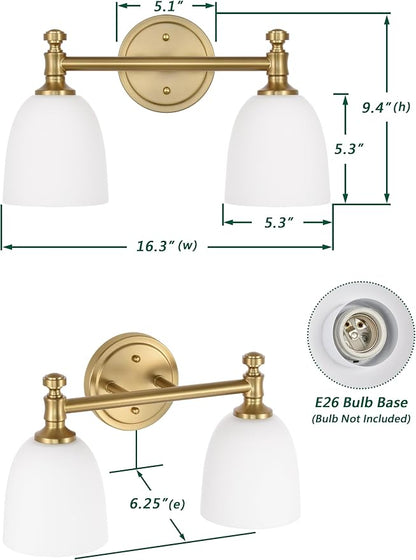 Gold Bathroom Vanity Light Fixtures, 2-Light Over Mirror, Traditional Vanity Lights for Living Room, Milk White Glass Shades, Standard E26 Base, Aged Brass, 16.3" W x 9.4" H x 6.25" D