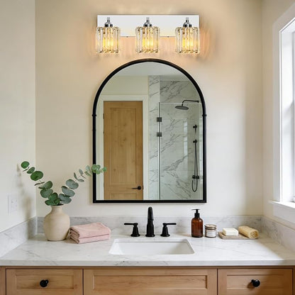 Brushed Chrome Crystal Bathroom Vanity Light, 3-Light Modern Bathroom Lighting Fixtures Over Mirror,Chrome Wall Sconce Light Fixtures with Square Shade