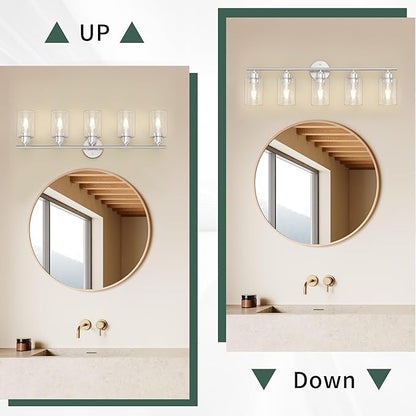 Espird Bathroom Vanity Light Fixtures Brushed Nickel Bathroom Lighting Fixture, 5 Lights Bathroom Light Fixture Over Mirror, Modern Black Vanity Light, Wall Sconces with Glass Shades