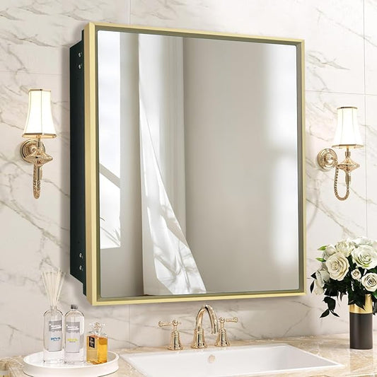 Medicine Cabinet with Mirror Recessed or Surface Mount Farmhouse Style Single Door Mirror Cabinet Square Bathroom Storage, Brushed Gold, 24x24 Inch